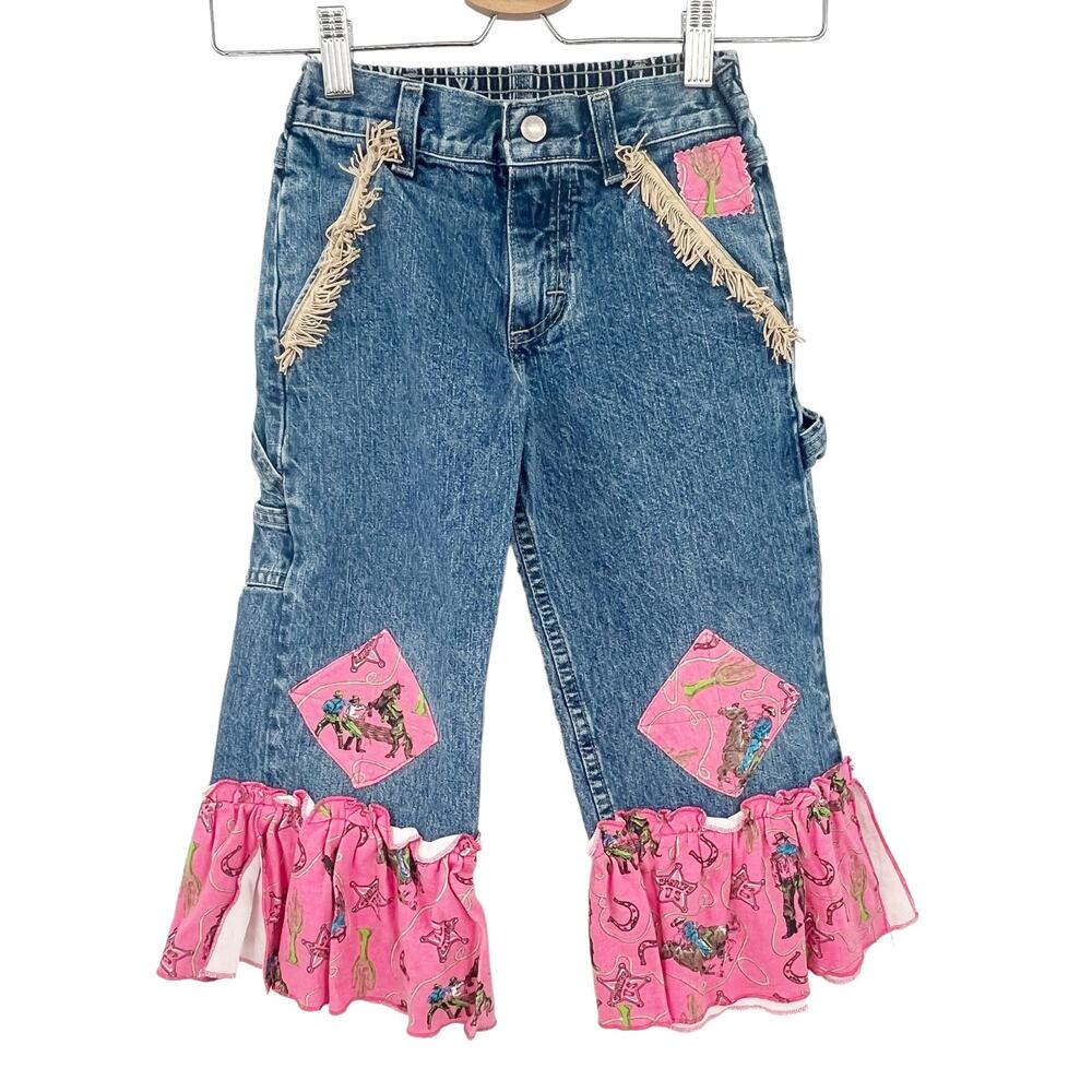 Kids Girls Western Country‎ Barbiecore Cowgirl Ruffle Hem Flare Jeans Size 5
